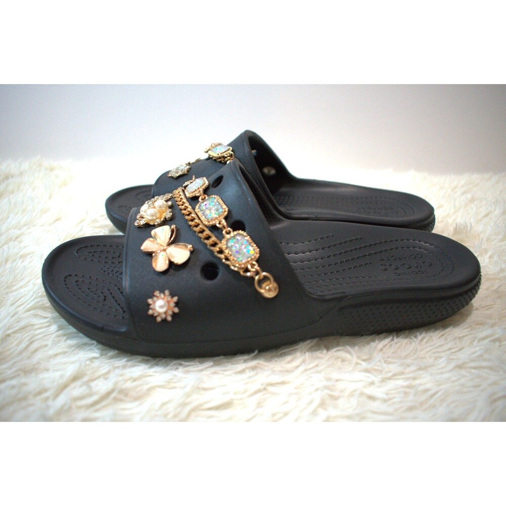 Crocs Slides Customized with Gold Luxe Charms (206761‑001 ) - Women's Size 10